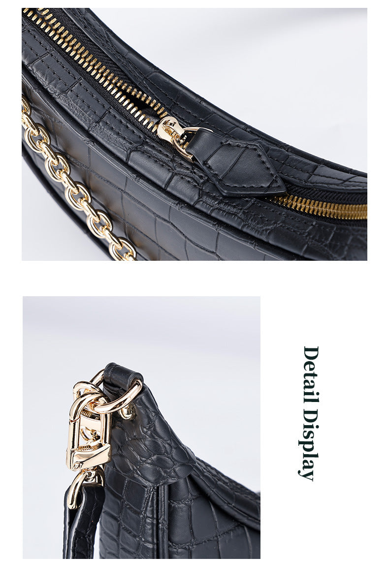 European and American Underarm Single Shoulder Bag for Women, Chain Moon Bag, Mini Fashion Women's Bag, Trendy Versatile Crocodile Pattern Light Luxury Crossbody Bag