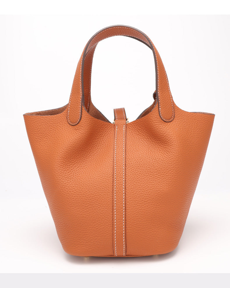 Top Layer Cowhide Vegetable Basket Bag for Women, Light Luxury Versatile Handbag, Niche Design, High-Quality Texture, Large Capacity Bucket Bag