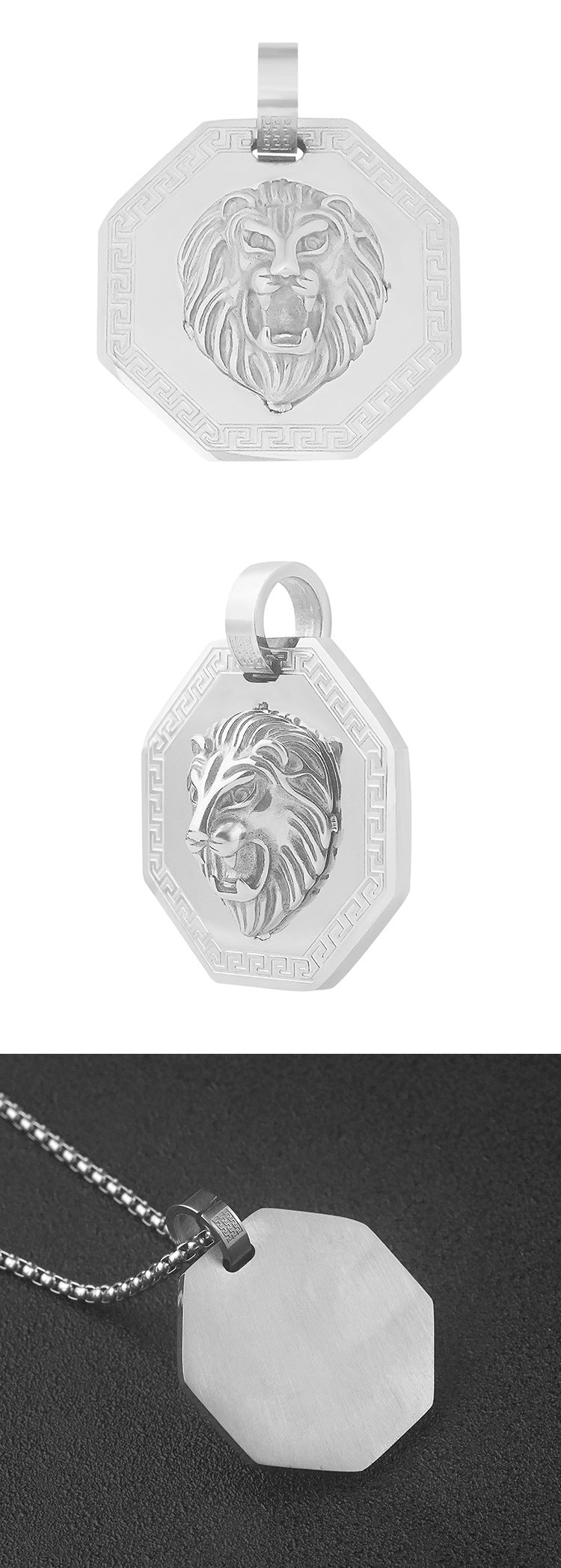 Vintage Lion Stainless Steel Necklace Octagonal Titanium Steel Pendant Men's Personality Fashion Pendant Factory Wholesale