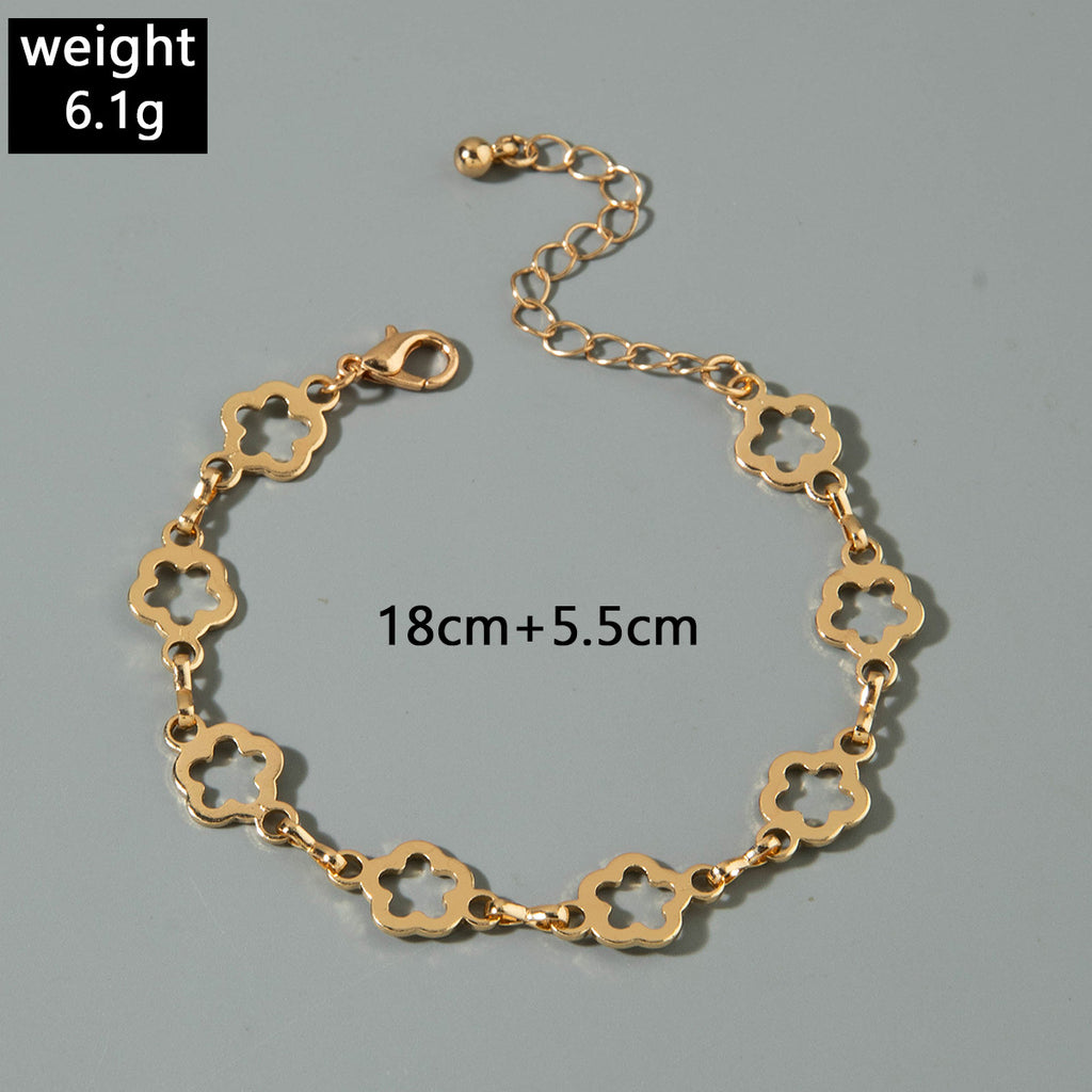 European and American Fashion Alloy Inlaid Diamond Five-Leaf Clover Bracelet Jewelry Three-Piece Set Simple Geometric Smooth Bracelet Wholesale