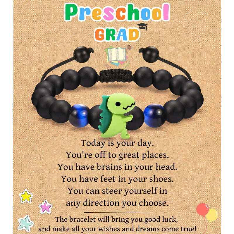 Black Matte Woven Bracelet with Tiger Eye Stone8mm Beaded Children's Back-to-School Season Bracelet Card Little Dinosaur Woven Bracelet