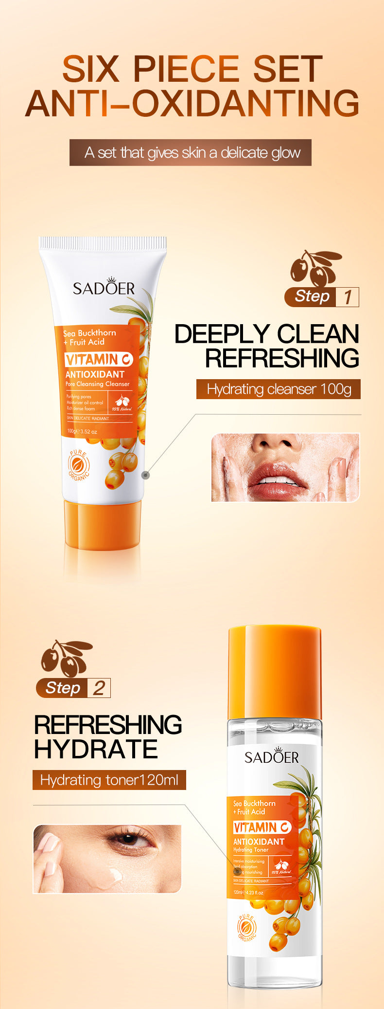 Cross-border Sea Buckthorn Vitamin C Antioxidant six-piece set Hydrating Moisturizing Set Box Wholesale from Foreign Trade Manufacturer