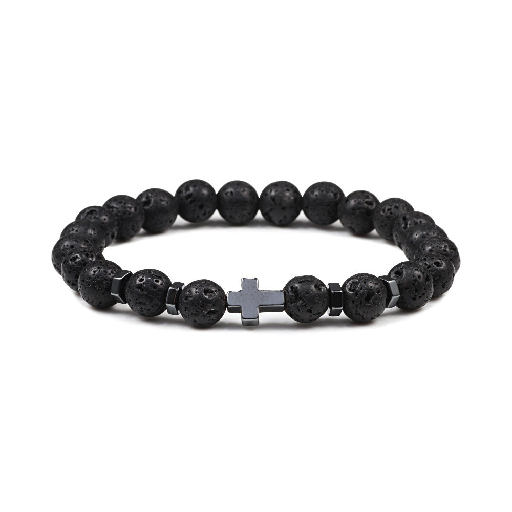 Men's Cross Spacer Bracelet Natural Stone8mm Tiger Eye Turquoise Bracelet Black Gallstone Volcanic Cross Bracelet