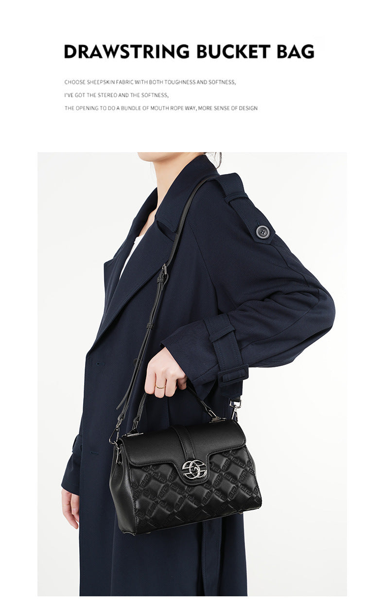 Lingge New Fashion Women's Bag Top Layer Cowhide Large Capacity Versatile Trendy Single Shoulder Crossbody Bag Genuine Leather Light Luxury Handbag