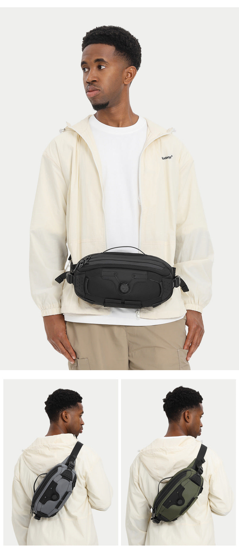OZUKO Men's Chest Bag Crossbody Waist Bag Multifunctional Tactical Waterproof Portable Outdoor Cycling Trendy Brand High-end Bag