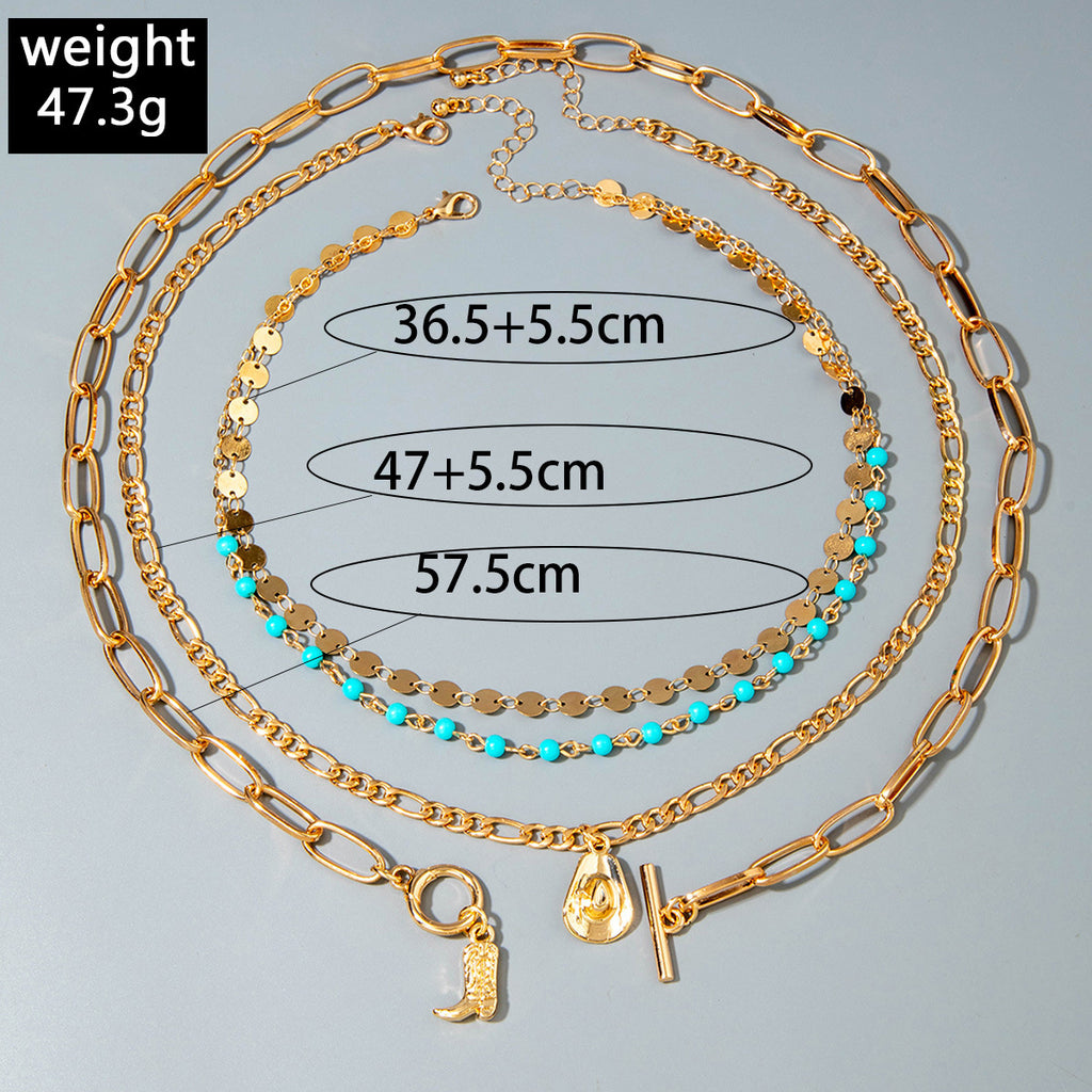 Bohemian Western Cowboy Boots Pendant Turquoise Necklace Layered Tassel Accessories Y Type Necklace