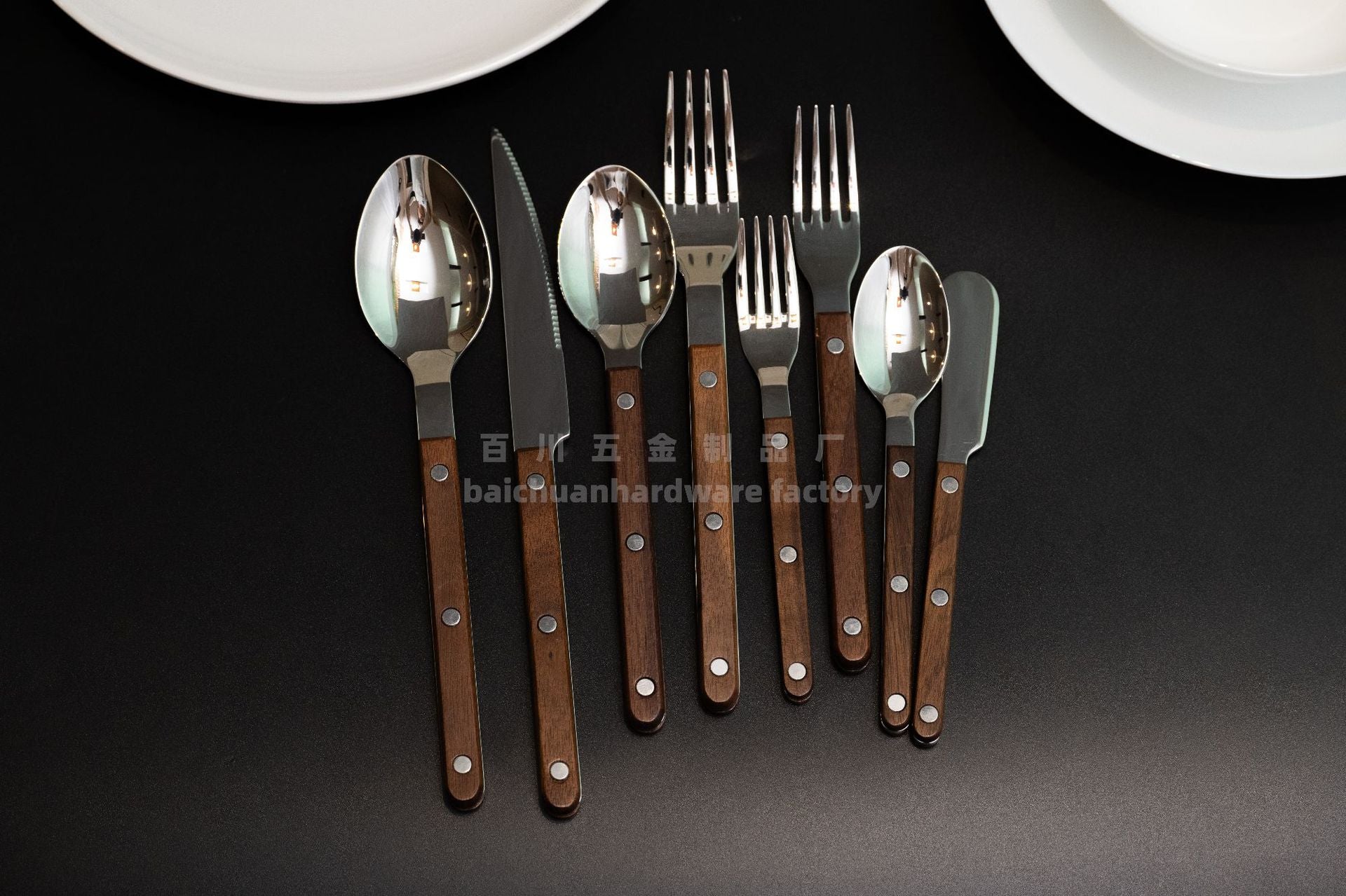 French Style Solid Wood Walnut Handle Western Cutlery Stainless Steel Knife Fork Spoon Wholesale Household Kitchen Western Restaurant