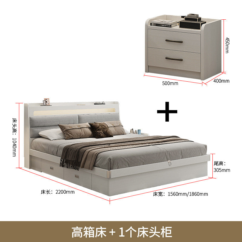 Fabric Bed1.5Small Apartment Master Bedroom Soft Pack Technology Fabric Modern Double Bed White Simple Solid Wood Storage Bed