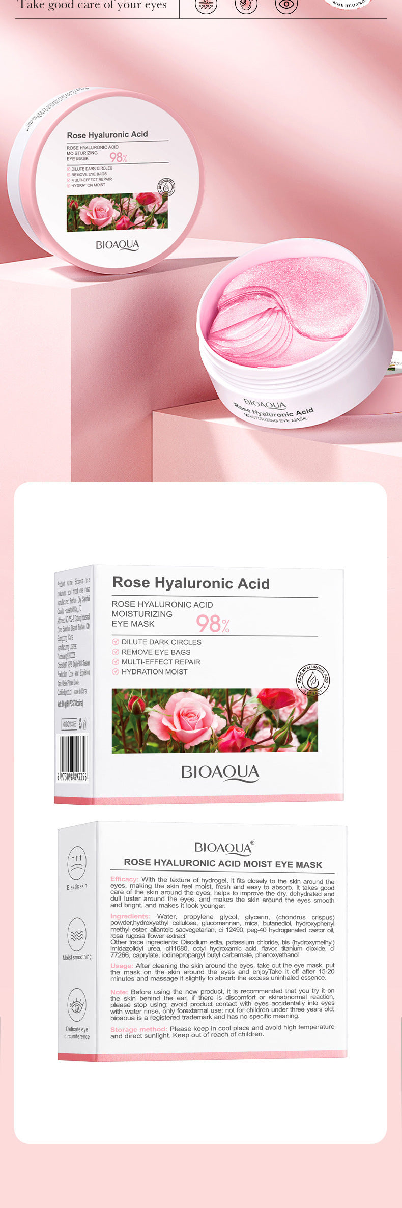 BIOAOUA Rose Hyaluronic Acid Moisturizing Eye Mask Hydrating and Moisturizing Eye Mask Wholesale