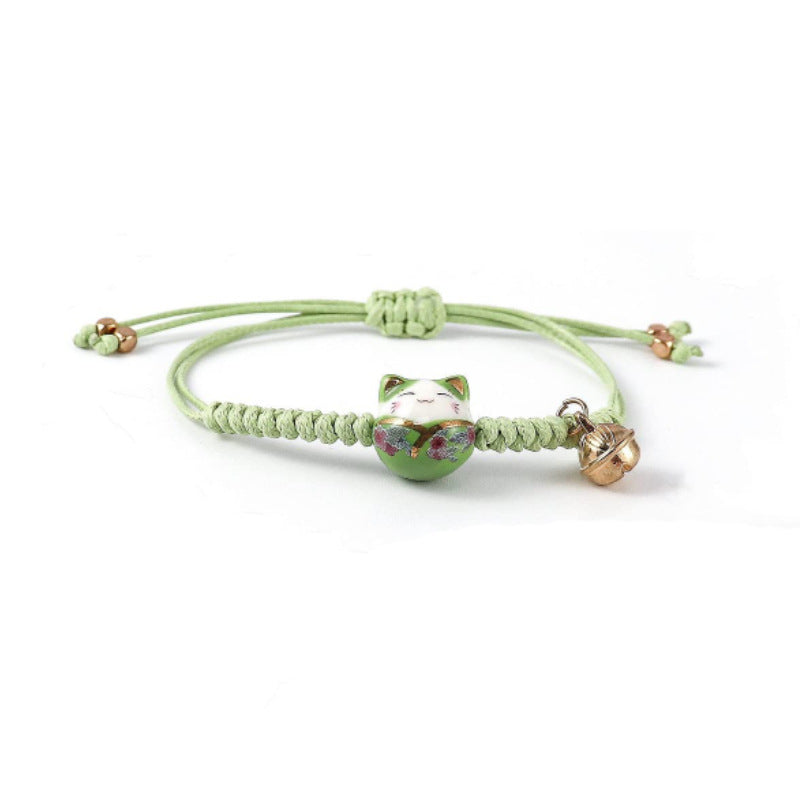 Vintage Ceramic Cat Handmade Woven Bracelet for Women Best Friend Gift Bell Pendant Cartoon Lucky Cat Woven Bracelet