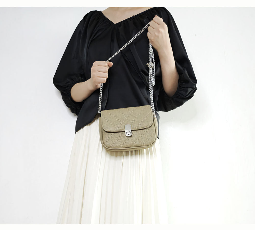 Genuine Leather Women's Bag New Metal Chain Small Square Bag Simple Versatile Chanel Style Single Shoulder Solid Color Embroidered Thread Crossbody Bag