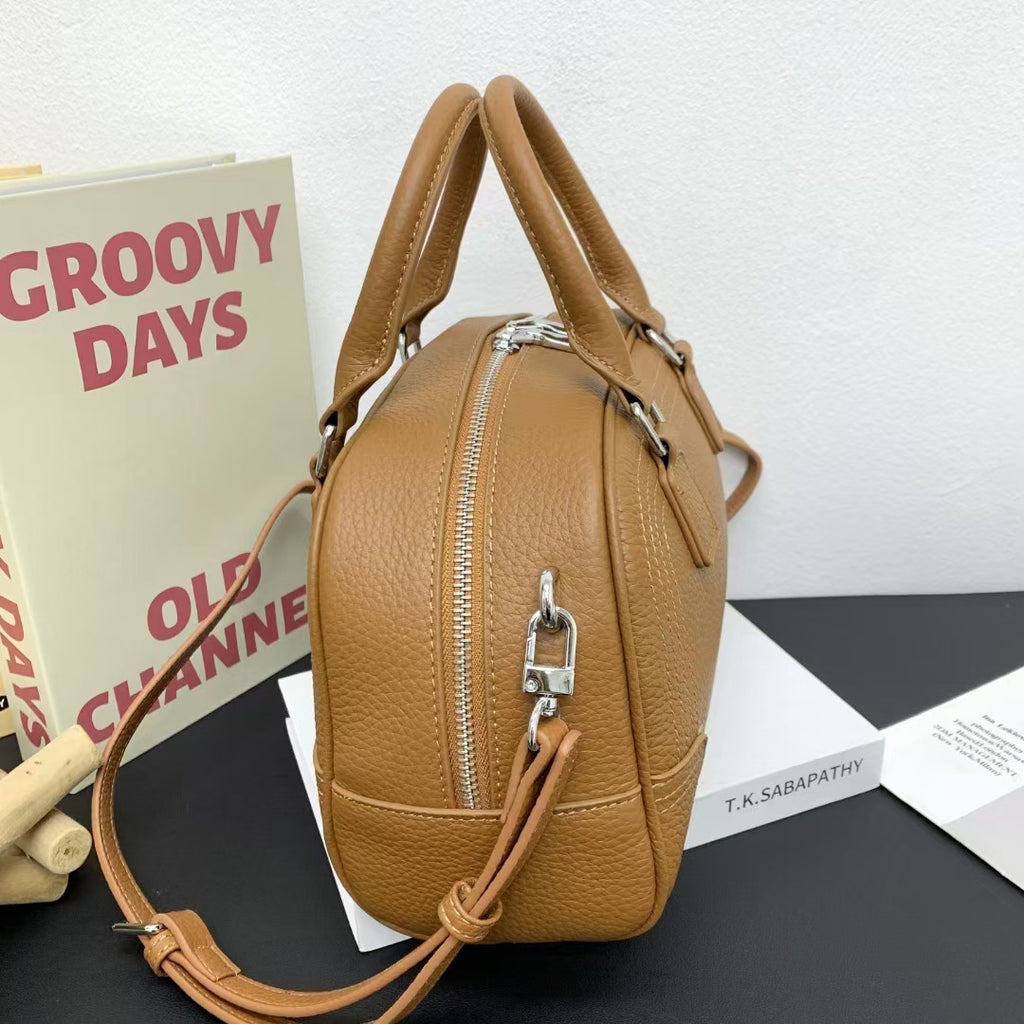 Large Capacity Genuine Leather Bag Top Layer Cowhide Women's Bag Single Shoulder Crossbody Ladies' Bag Handbag Round Bag Fashion Versatile