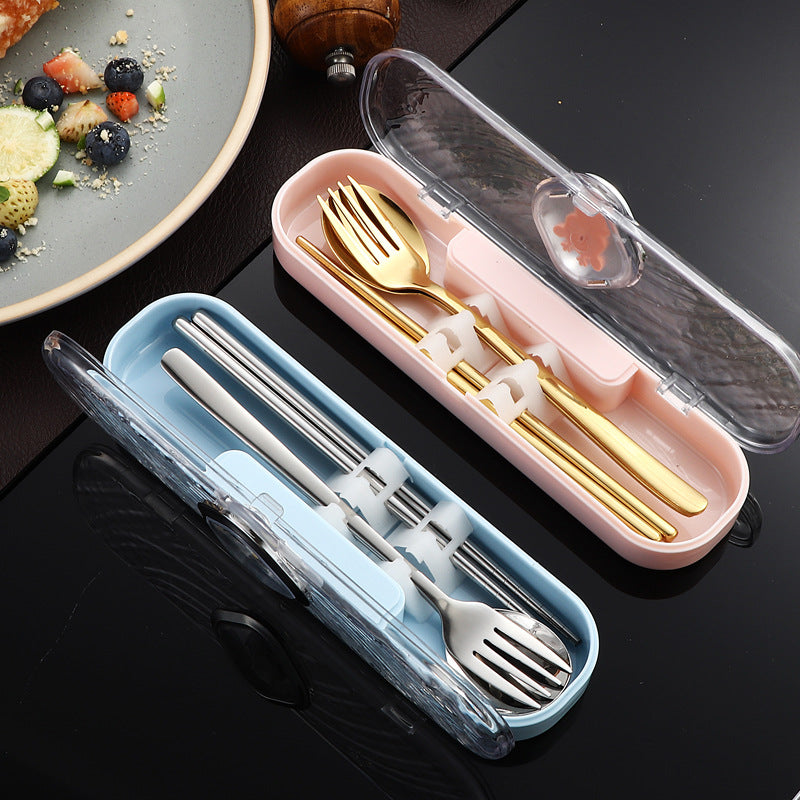 304Stainless Steel Tableware Student Cartoon Portable Tableware Set Work Outdoor Fork Spoon Chopsticks Three-piece Set