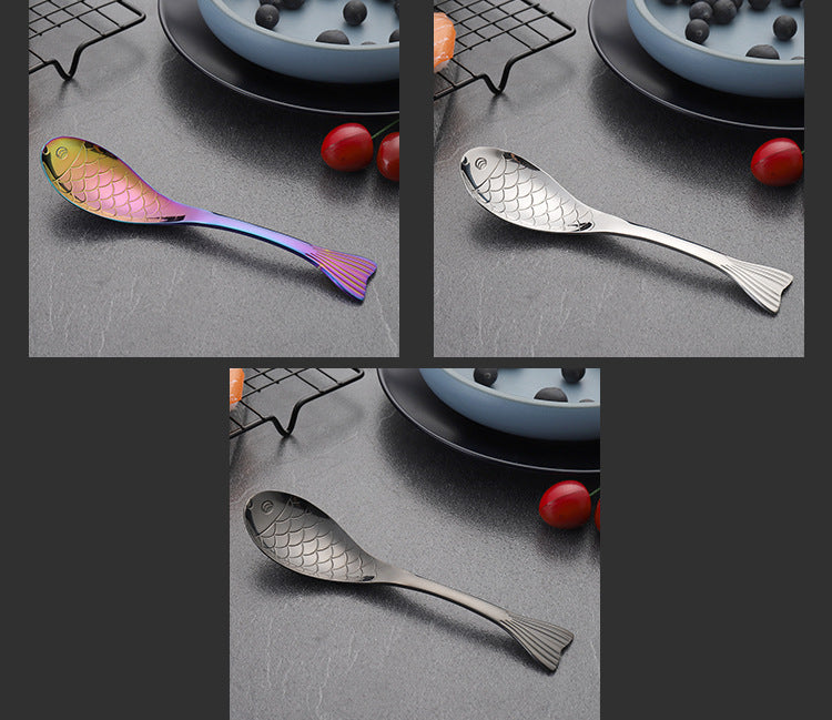 304Stainless Steel Spoon Cooking Restaurant Spoon Pickled Fish Spoon Cartoon Spoon PVD Titanium-plated Colorful Fish Tail Cute Spoon