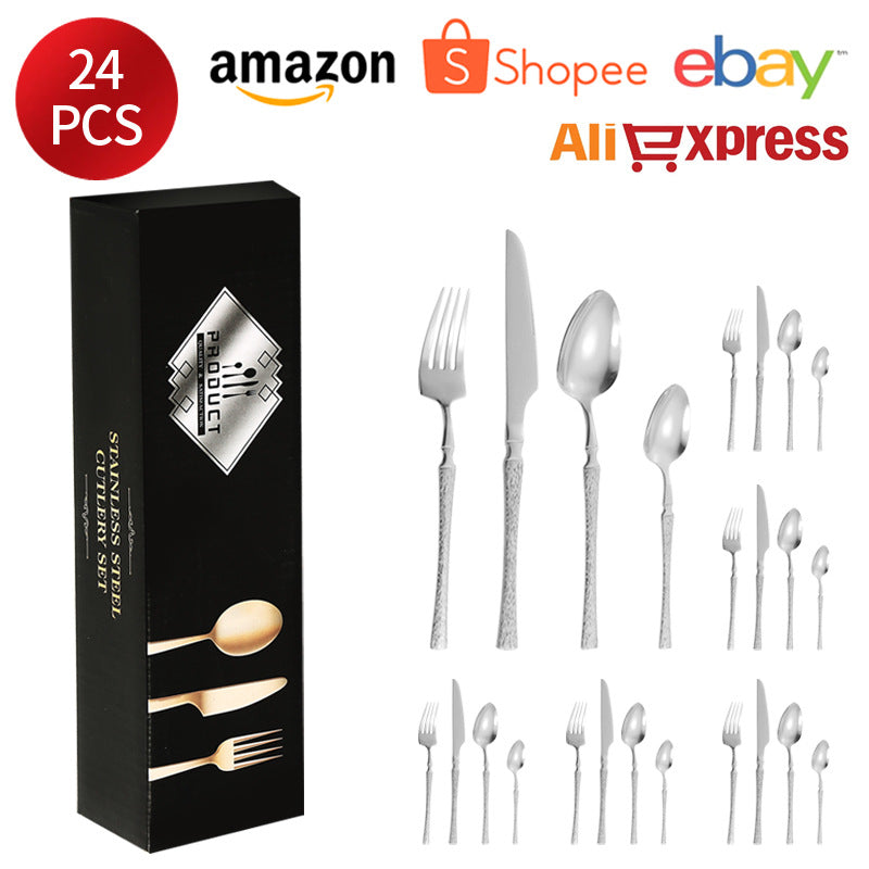 410Stainless Steel Cutlery Hotel Restaurant Hammered Knife Fork Spoon Set Western Small Waist Bark Pattern Steak Knife Fork