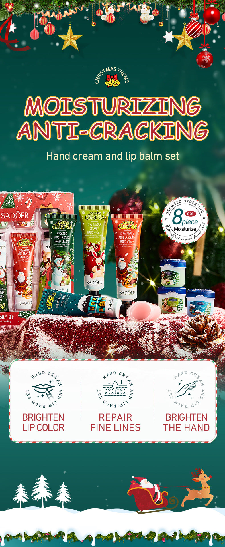 Christmas Hand Cream Lip Balm Combo Set SADOER Anti-chapping Moisturizing  Wholesale