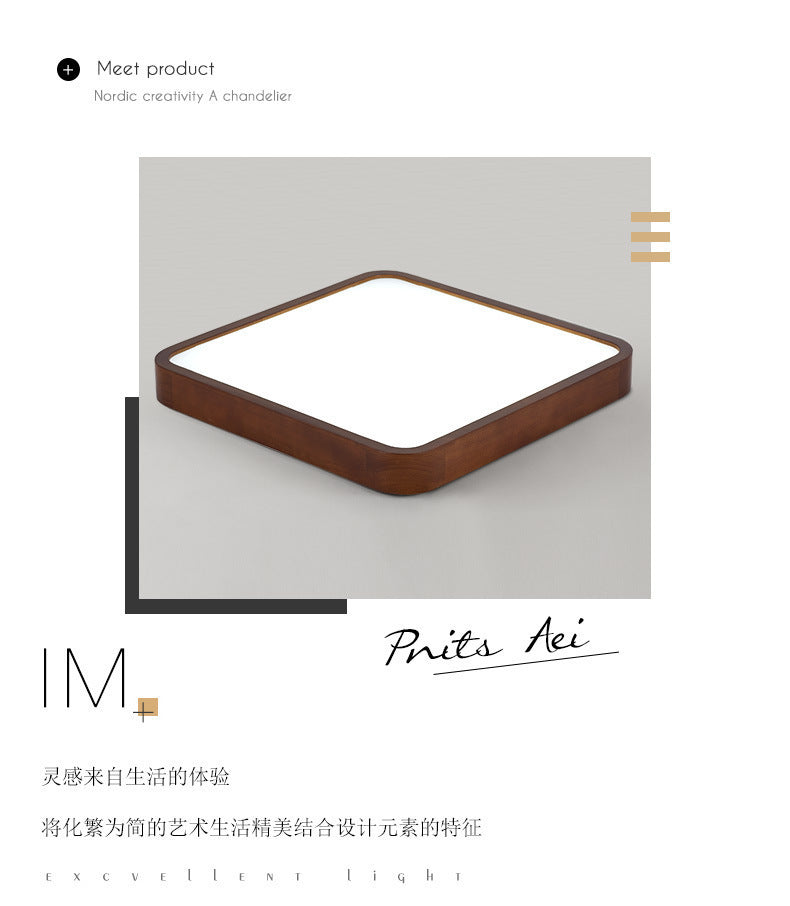 New Chinese Style Ceiling Light for Bedroom, Round Modern Simple Walnut Color Solid Wood Nordic Room LED Lamp