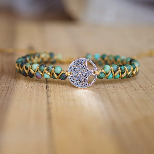 Natural Stone Woven Double Row Bracelet Adjustable Pull Bracelet Tree of Life Volcanic Stone Blue Pine Woven Double Layer Bracelet