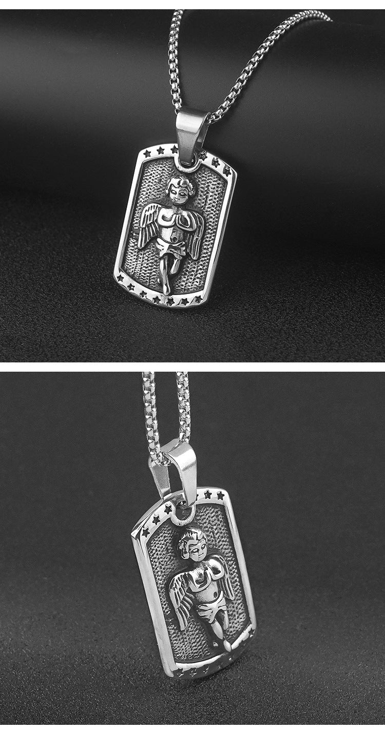 New Stainless Steel Square Angel Pendant Necklace for Men, Vintage Style, Titanium Steel Pendant, Factory Wholesale