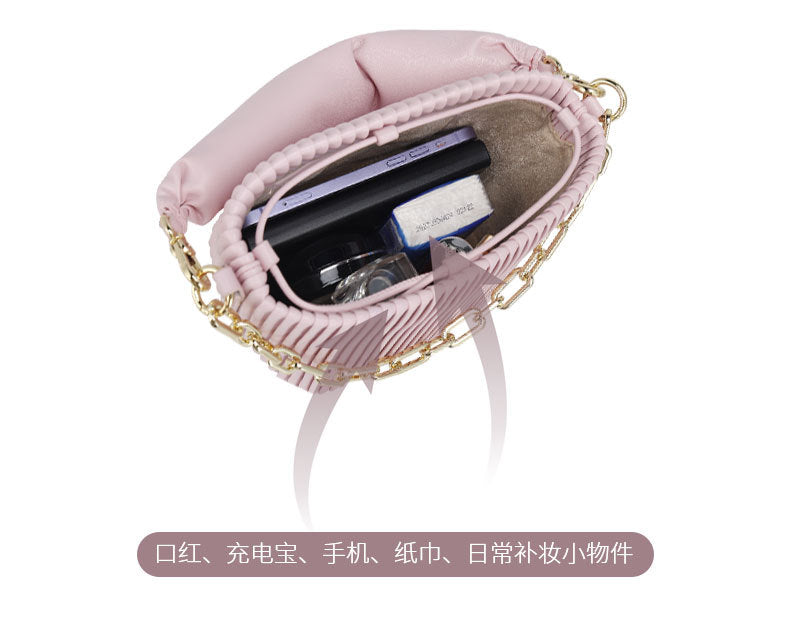 Unique Korean Design Pleated Bucket Bag for Women with Chain Handle, Versatile Fashionable Single Shoulder Crossbody Bag for Ladies