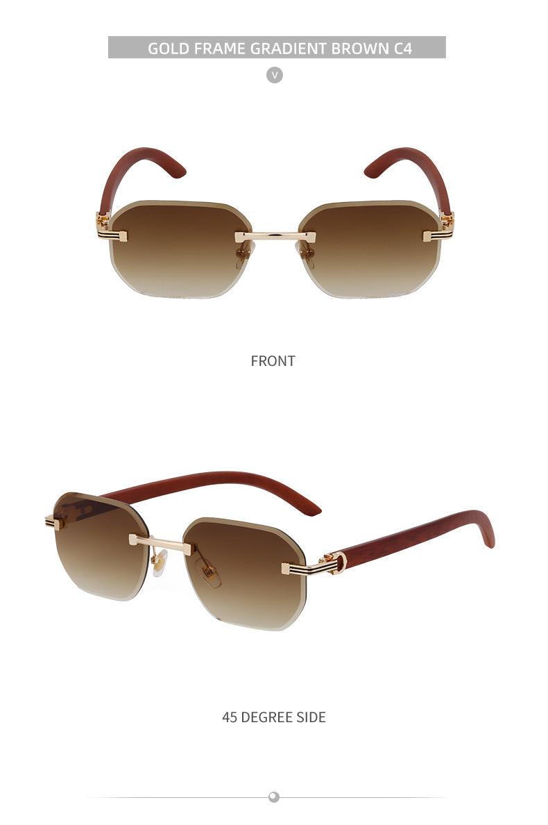 【Customization】Diamond Cut Rimless Glasses for Men, European and American Retro Style, Imitation Wood Grain Temple Sunglasses, Sun Protection Sunglasses