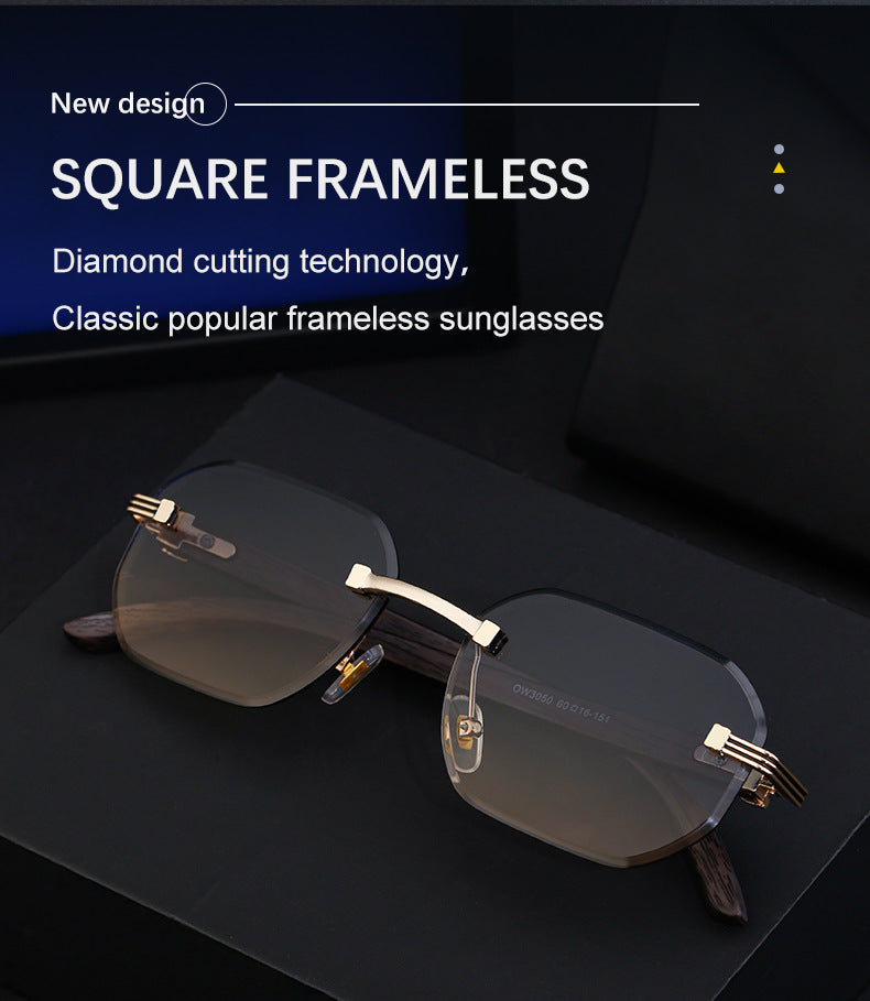 Frameless Glasses for Men High-End European and American Retro Imitation Wood Grain Temple Sunglasses UV Protection Personality Sunglasses