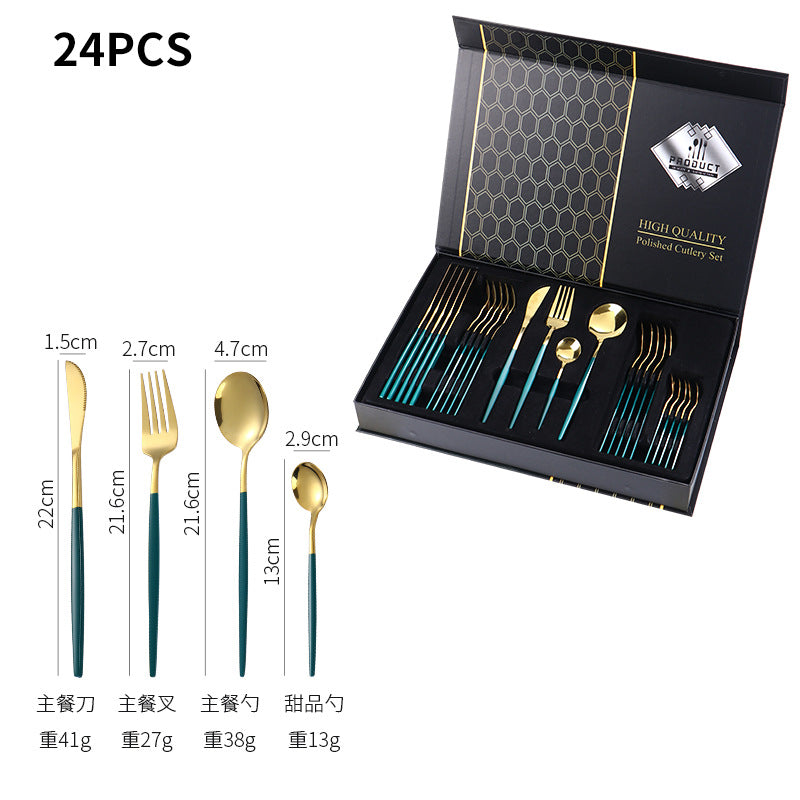 Hot-selling Portuguese Stainless Steel Tableware24Set of Western Dining gold Steak Knife Fork Spoon Gift Box Set