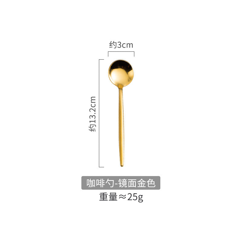 Portuguese Tableware304Glossy Round Handle Main Dinner Knife Fork Spoon Thick Mirror Dessert Spoon Fruit Fork Ice Spoon