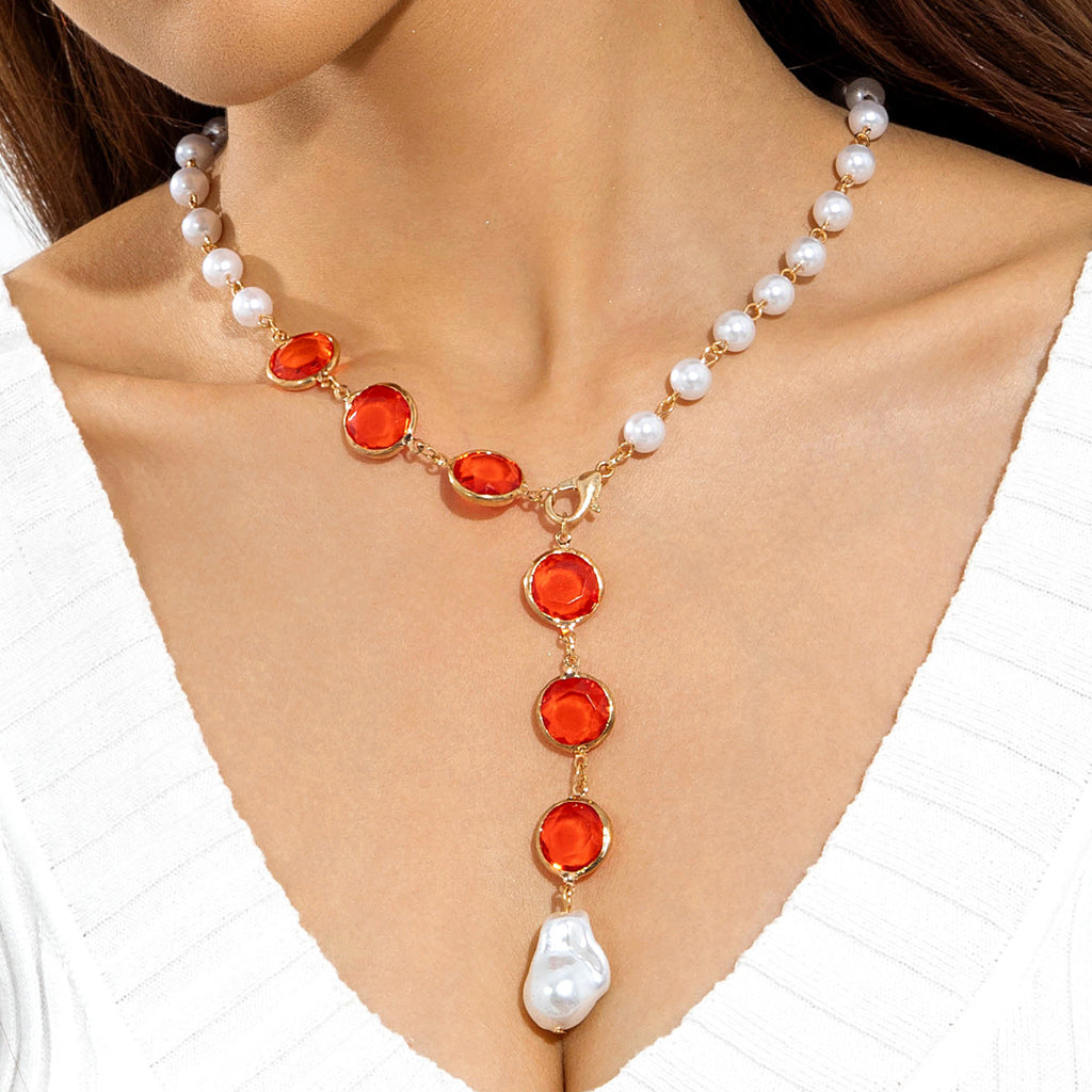 European and American Jewelry Red Diamond Cross Pendant Pearl Necklace Geometric Oval Red Diamond Necklace Wholesale