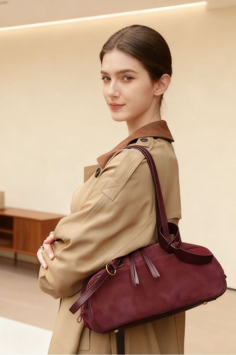 European and American Style Matte Leather Women's Bag High-End Luxury Boston Bag Lazy Style Korean Versatile Niche Underarm Shoulder Bag