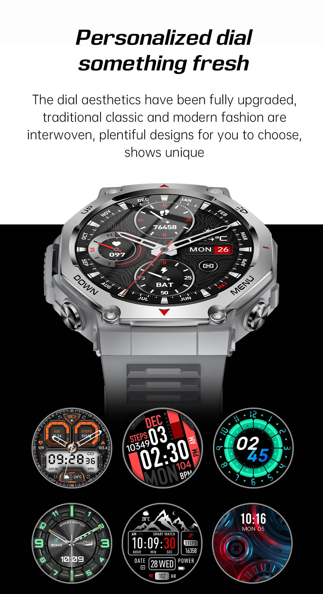 KT85Smart Watch Bluetooth Call True Heart Rate Step Count Sleep Monitoring Flashlight Deep Waterproof Sports Three-Proof
