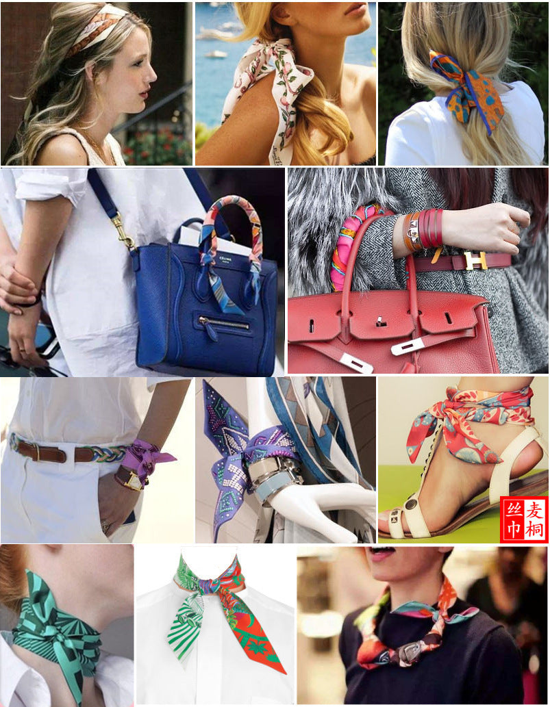 European and American Korean Version Plant Jungle Horse Women's Twill Ribbon Long Strip Ribbon Bag Tie Ribbon Hairband Small Scarf Scarf