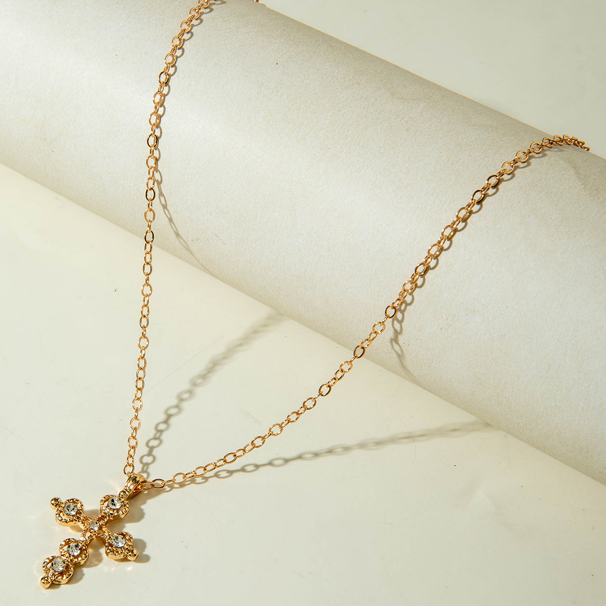European and American Retro Hollow Diamond Cross Pendant Necklace Gothic Style Black Layered Wear Y Type Necklace