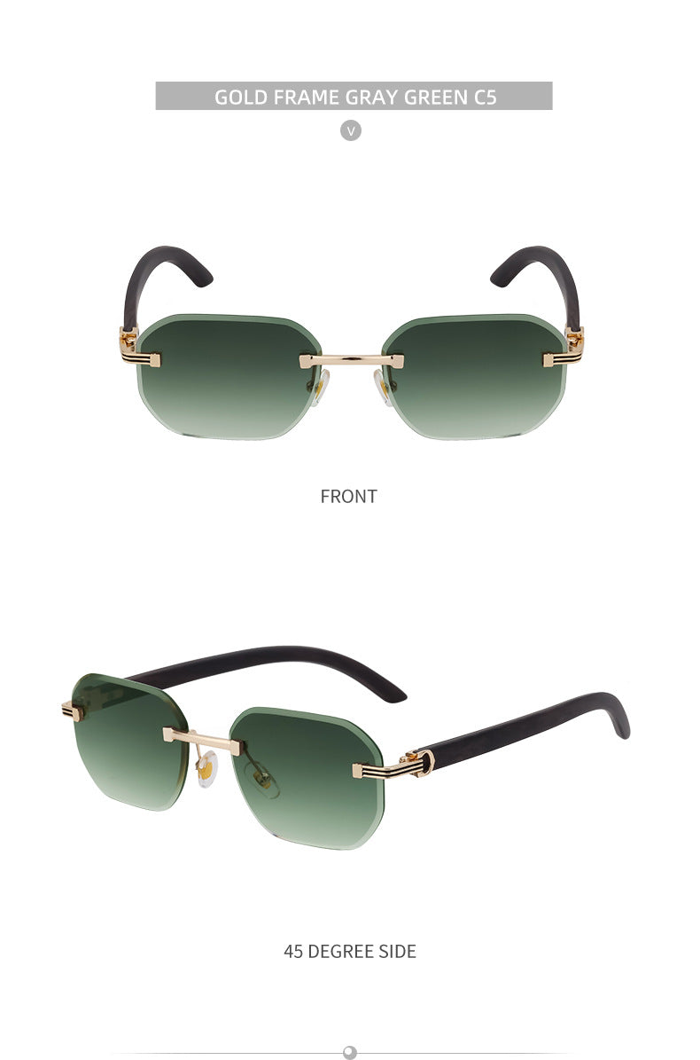 【Customization】Diamond Cut Rimless Glasses for Men, European and American Retro Style, Imitation Wood Grain Temple Sunglasses, Sun Protection Sunglasses
