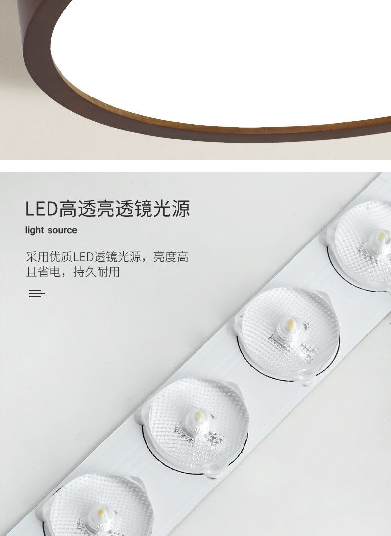 New Chinese Style Ceiling Light for Bedroom, Round Modern Simple Walnut Color Solid Wood Nordic Room LED Lamp