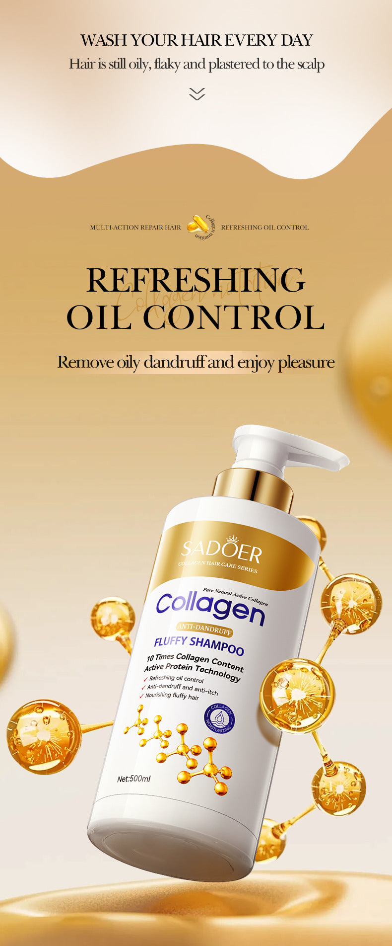 Collagen Anti-Dandruff Shampoo500ml SADOER Smooth Clean Fluffy Shampoo Wholesale