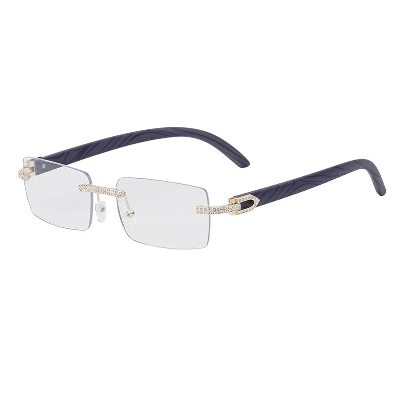 European and American Retro Frameless Men's Sunglasses with Diamond Inlay and Wood Grain Temples New Style Glasses Wholesale shades
