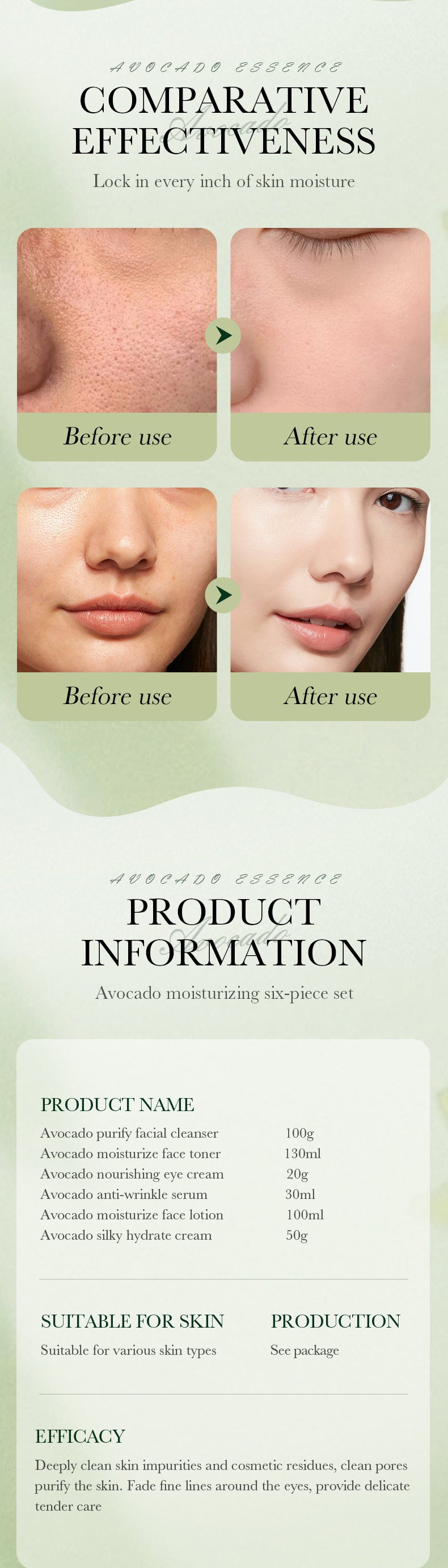 Avocado Skincare Set SADOER Cleansing, hydrating, and moisturizing six-piece set for  foreign trade wholesale