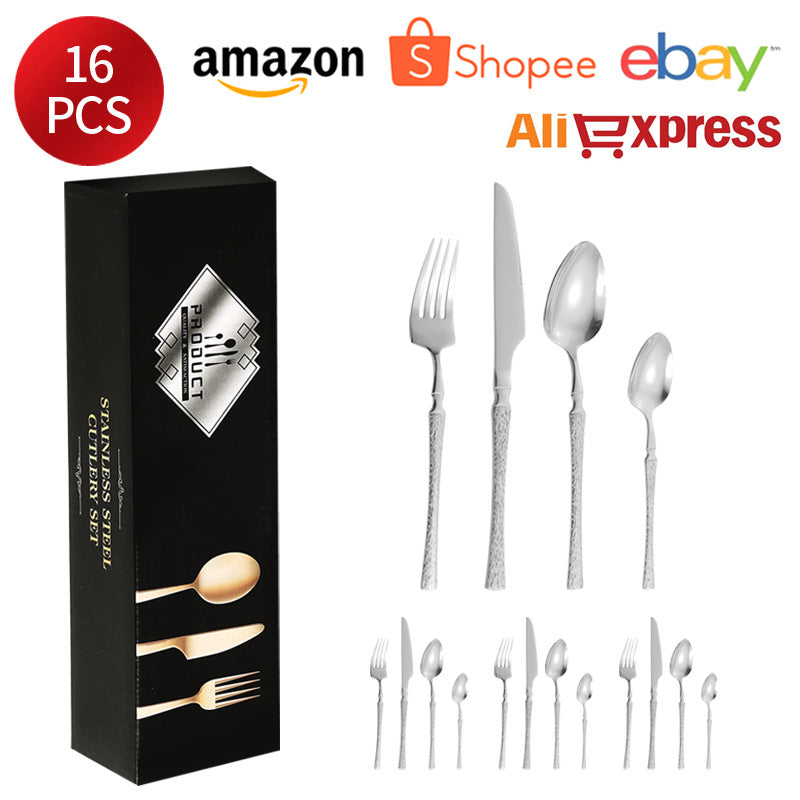 410Stainless Steel Cutlery Hotel Restaurant Hammered Knife Fork Spoon Set Western Small Waist Bark Pattern Steak Knife Fork