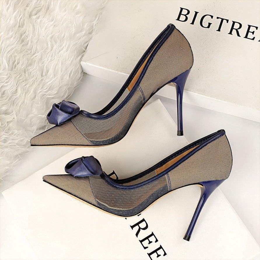 New Black Mesh High Heels Transparent Pure Desire Sexy Women Thin Heels Niche Hollow Pointed Flower Girl
