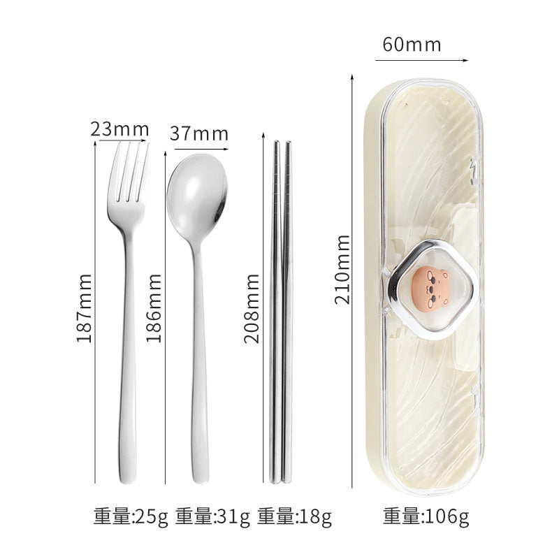 304Stainless Steel Tableware Student Cartoon Portable Tableware Set Work Outdoor Fork Spoon Chopsticks Three-piece Set