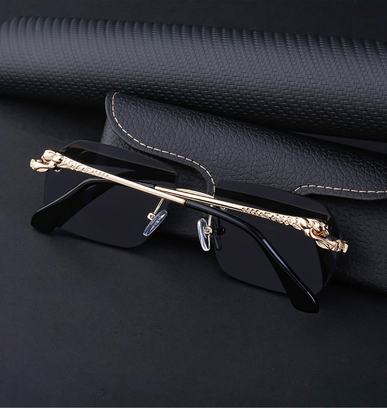 European and American Frameless Cut Edge Leopard Temple Sunglasses for Men Retro Square Frame Driving Sun Protection Sunglasses Wholesale Glasses