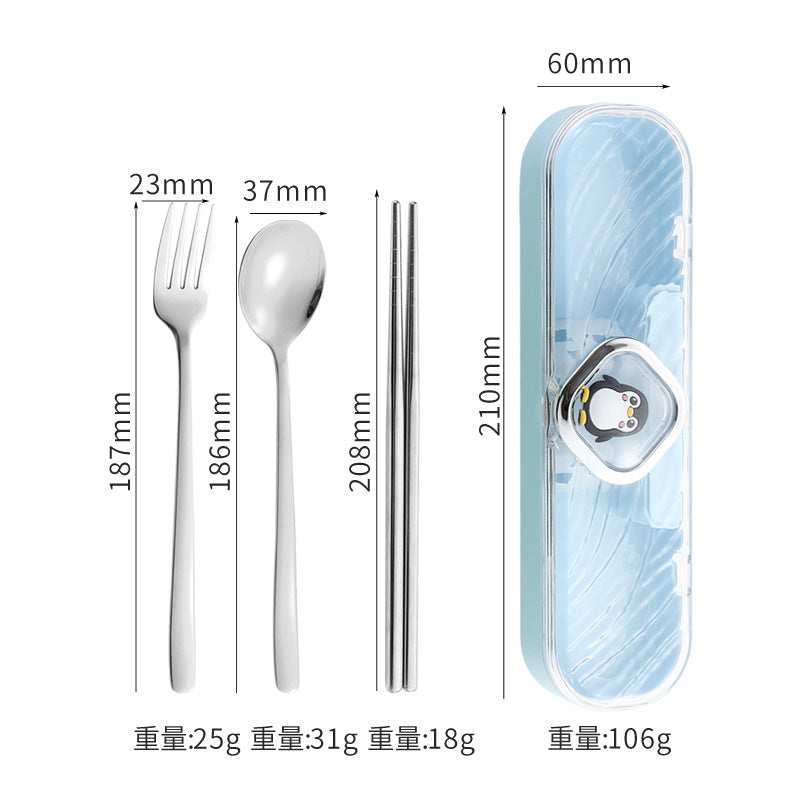 304Stainless Steel Tableware Student Cartoon Portable Tableware Set Work Outdoor Fork Spoon Chopsticks Three-piece Set