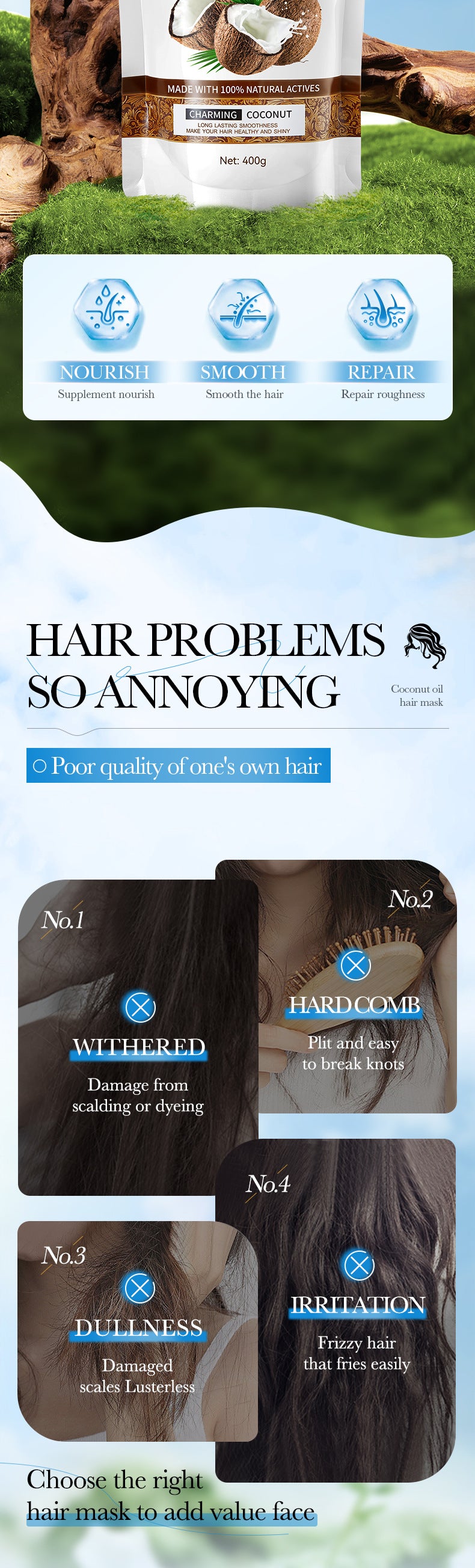 Coconut Oil Nourishing Hair Mask SADOER Smooth, Soft, and Voluminous Hair Conditioner for  Wholesale