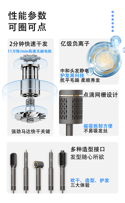 фенHigh-Speed Hair Dryer Hot Air Comb Set 6-in-1 Curling Iron Multi-Functional Hair Dryer Home Appliance