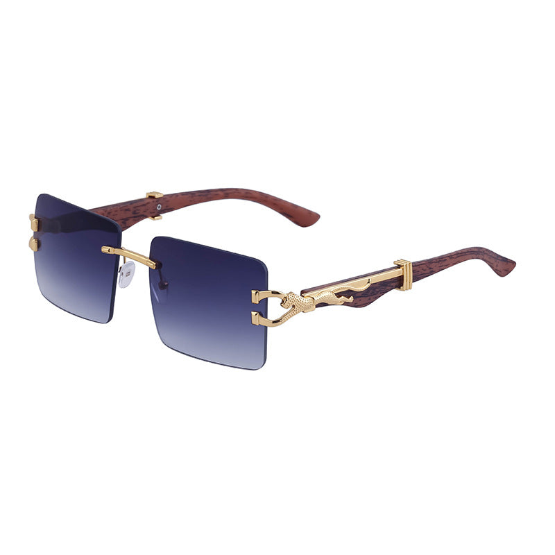 Vintage Rimless Sunglasses for Women with Leopard Wood Grain Temples, Square Frame Sunglasses for Men, Trendy Eyewear shades