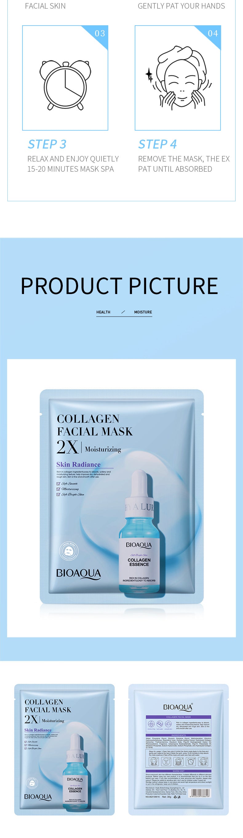 Packaging BIOAOUA Collagen Mask Sheet Pack Hydrating and Moisturizing   OBO Wholesale