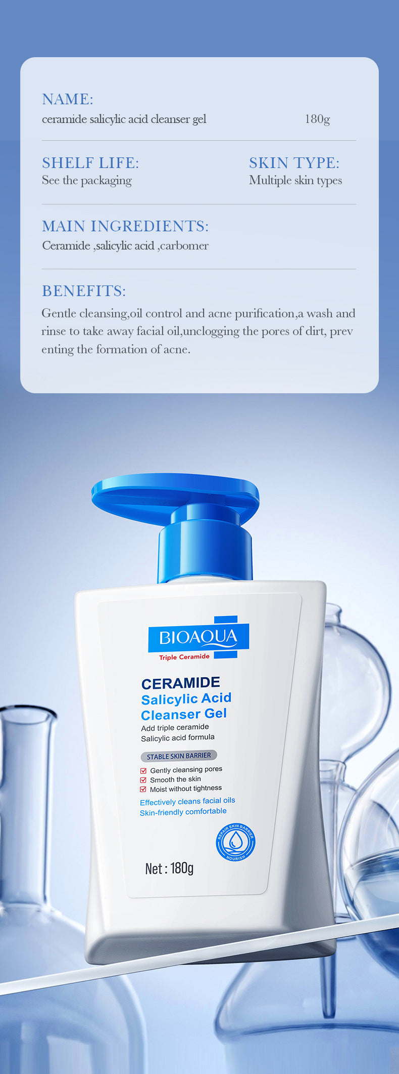 BIOAOUA Ceramide Salicylic Acid Cleansing Gel Cleansing facial cleanser   wholesale
