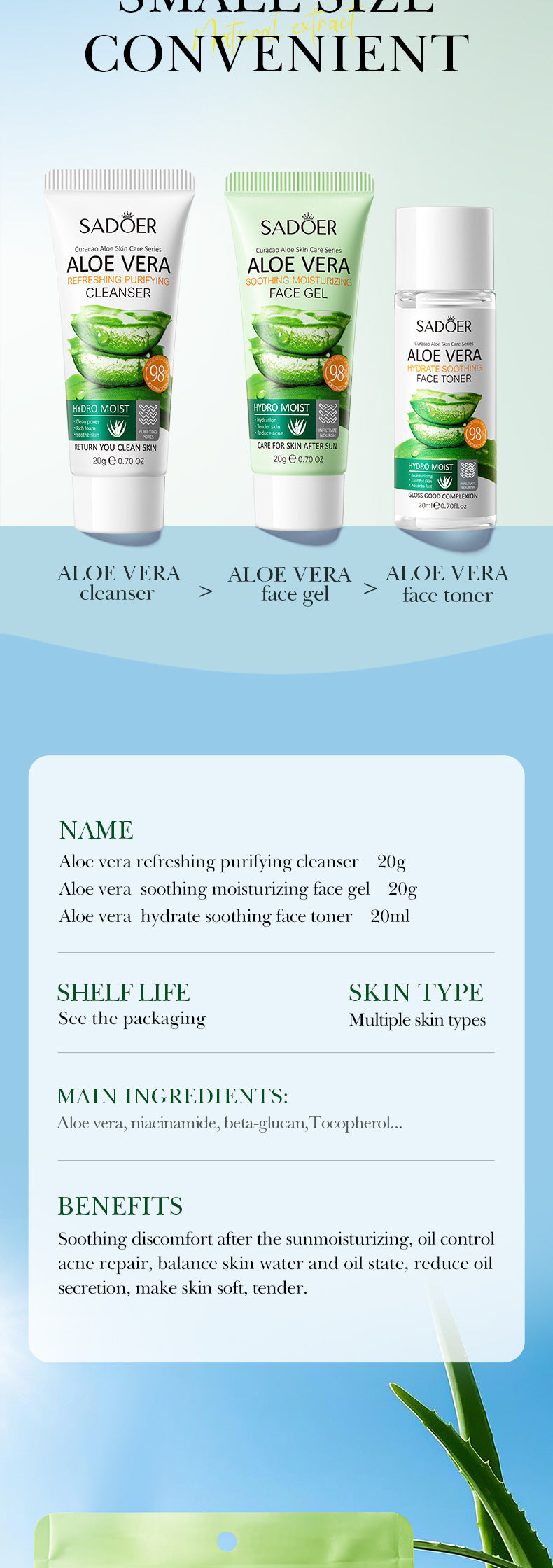 Aloe Vera Travel Three-Piece Set SADOER Aloe Vera Gel Toner Facial Cleanser  Wholesale