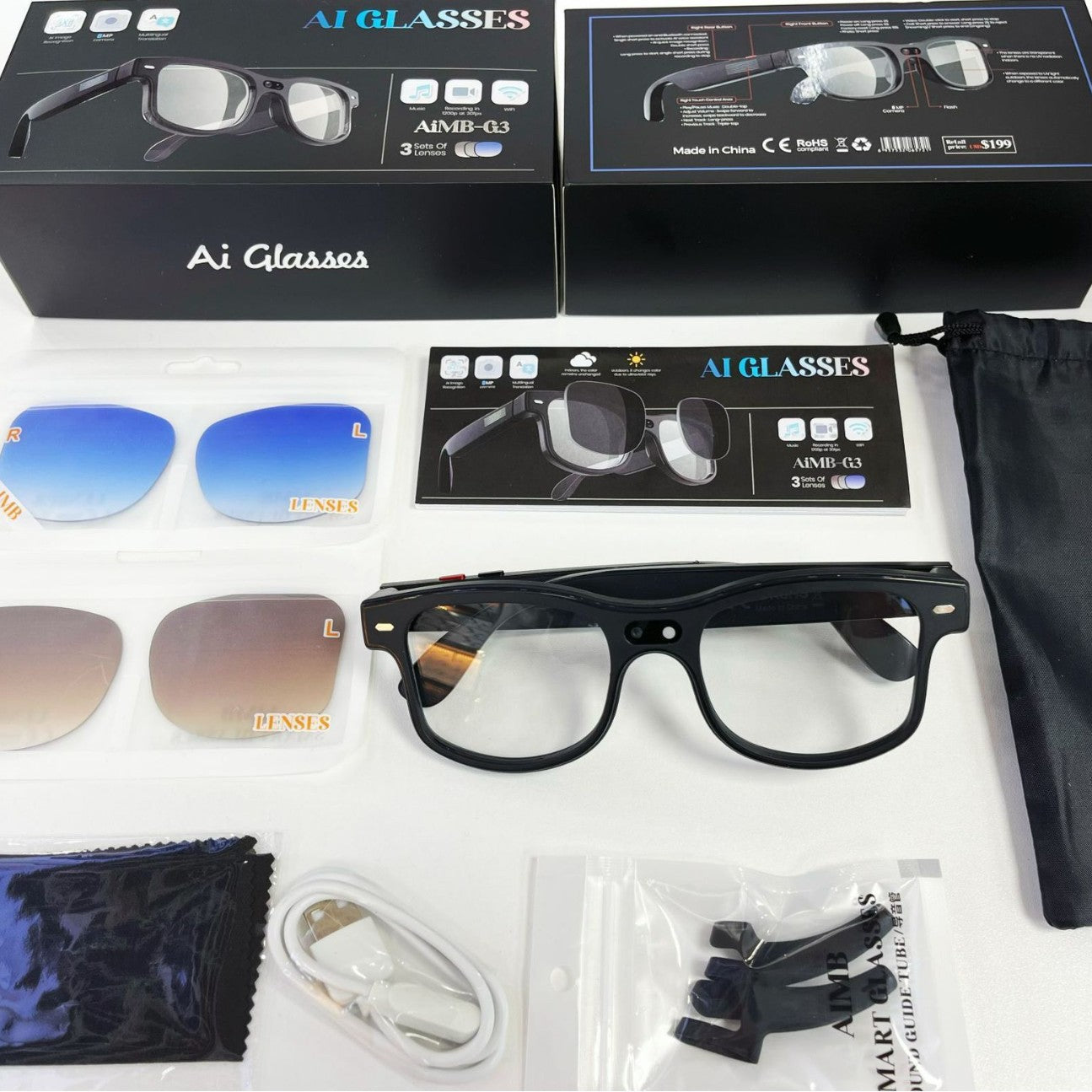 AIMB-G3Smart Glasses800100 Megapixel Camera Ai Simultaneous Translation Recognition1200P Video Recording Audio Recording